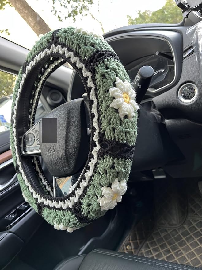 Daisy Crochet Steering Wheel Cover,Cute Seat Belt Cover,Women car Accessories (Green Steering Wheel Cover)