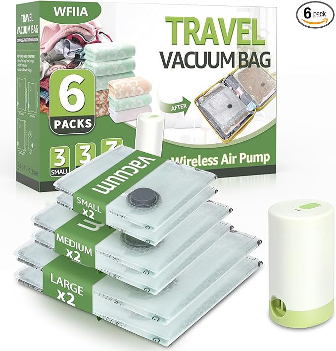 Vacuum Bags for Travel with Rechargeable air Pump, 3 Sizes Vacuum Seal Bags for Clothing, Space-Saving Compression Storage Ba