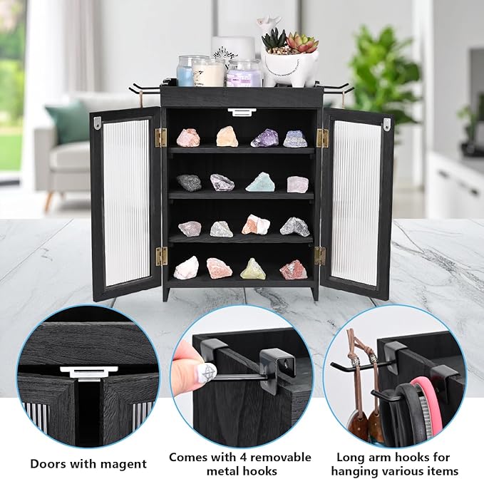 Ikee Design Wooden Countertop Storage Cabinet with Wavy Magnetic Door, Adjustable Shelves, Removable Hooks. Perfect for Perfu