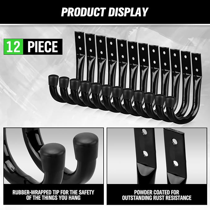 Heavy Duty Garage Storage Hooks, 12-piece Bike Hooks for Garage Wall, Utility Garage Hooks, Wall Mount J Hook for Hanging, La