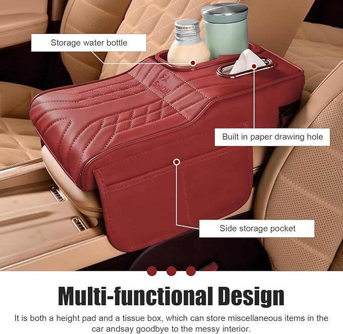 Car Seat Gap Organizer, Car Interior Organizer for Seat Gap Storage, Leather Multi-Functional Storage Box with Tissues, Universal for Most Cars (Red)