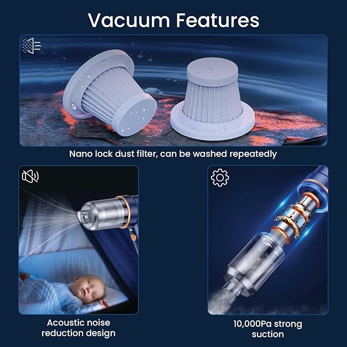 VIMALIFE 10000Pa Cordless Car Vacuum Cleaner & Air Duster, Powerful Handheld Auto Vacuum, 42000RPM Motor, LED Light, Type-C