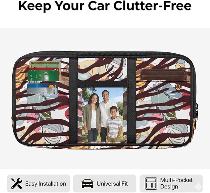 Floral Zippered Auto Drive Car Sun Visor Organizer with Picture Holder Multitool Storage Pouch Tactical with Elastic Bands and Pockets Easy Installation Universal Fit for Most Cars SUV