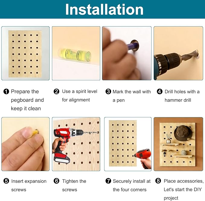 HJZALMI Pegboard Wall Organizer, Wood Pegboard Combination Kit with Shelves & Hooks, Modular Peg Board Panels Storage System 