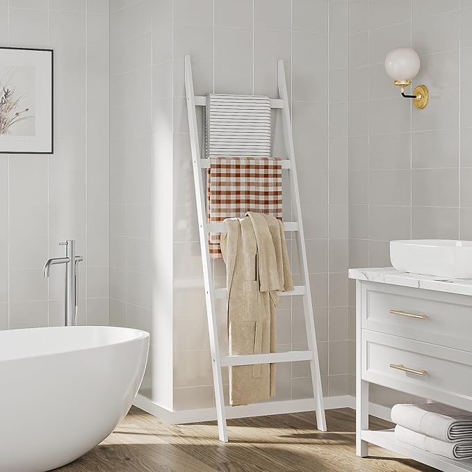 Blanket Ladder Towel Racks For Bathroom 5 Layers Towel Holder 100% Bamboo Wood Sturdy Construction No Need Wall Drilling Quil