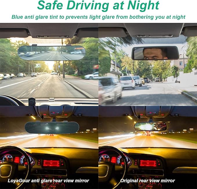 Rear View Mirror for Car,11.8" Convex Panoramic Wide Angel View Mirrors Extender,Blue Tint Anti Glare,Rounded Corner,Universal Clip on Interior Rearview Mirror for Truck Car and SUV (Blue)