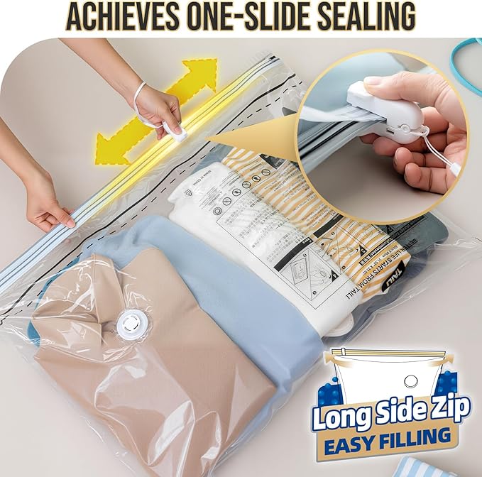 TAILI 8 Pack Vacuum Storage Bags, LONG SIDE ZIP (4 Large+4 Jumbo), Multi-Size Vacuum Seal Bags for Clothing, Storage Bulky Be