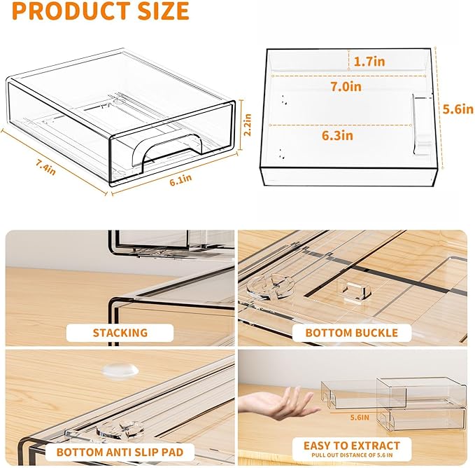 Yieach 8 Pack Small Clear Stackable Storage Drawers,2.2'' Tall Desk Organization and Storage,Plastic Office Supply Organizer,