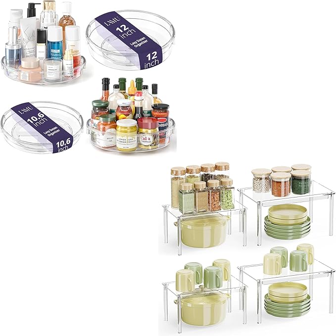 4 Pack Lazy Susan Organizer, Clear Lazy Susan Turntable, Set of 4 Acrylic Cabinet Organizer Shelf, Stackable Cabinet Riser fo