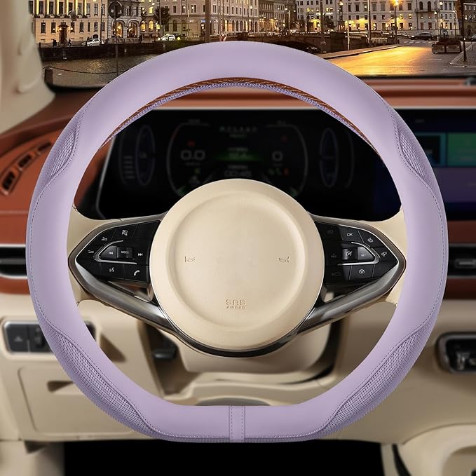 14 inch D Shaped Steering Wheel Cover for Prius Civic, Nappa Microfiber Leather Non-Slip Breathable Fabric, Warm in Winter an