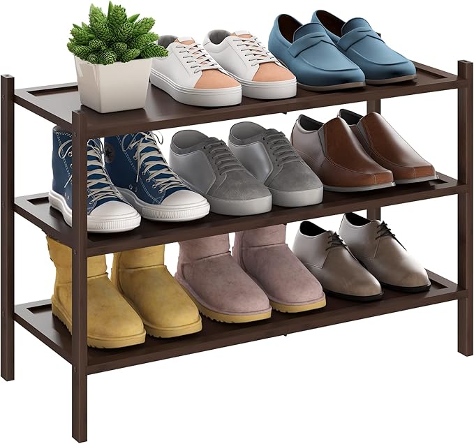 BMOSU 3-Tier Bamboo Shoe Rack Premium Stackable Shoe Shelf Storage Organizer for Hallway Closet Living Room Entryway Organize