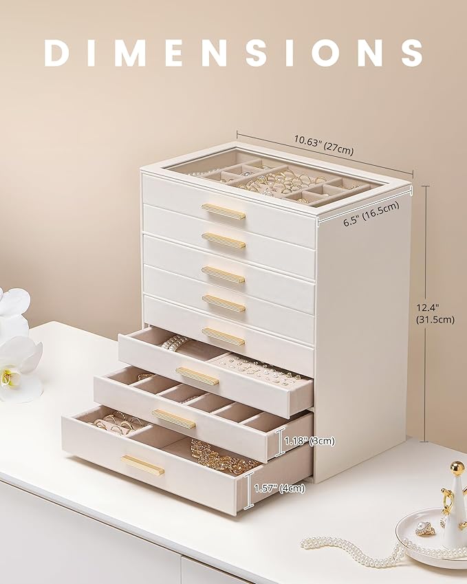 Lolalet Jewelry Box Organizer, 8-Layer Jewelry Organizers and Storage Case with Glass Lid, Ring Earring Bracelet Necklace Hol