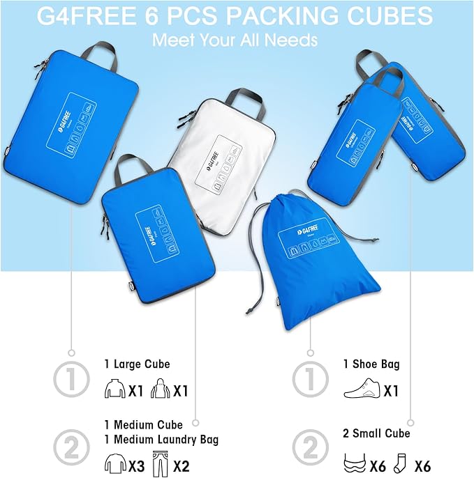 G4Free 6 Set Compression Packing Cubes, 3 sizes Travel Packing Organizers for Suitcases, Expandable Luggage Suitcase Storage 