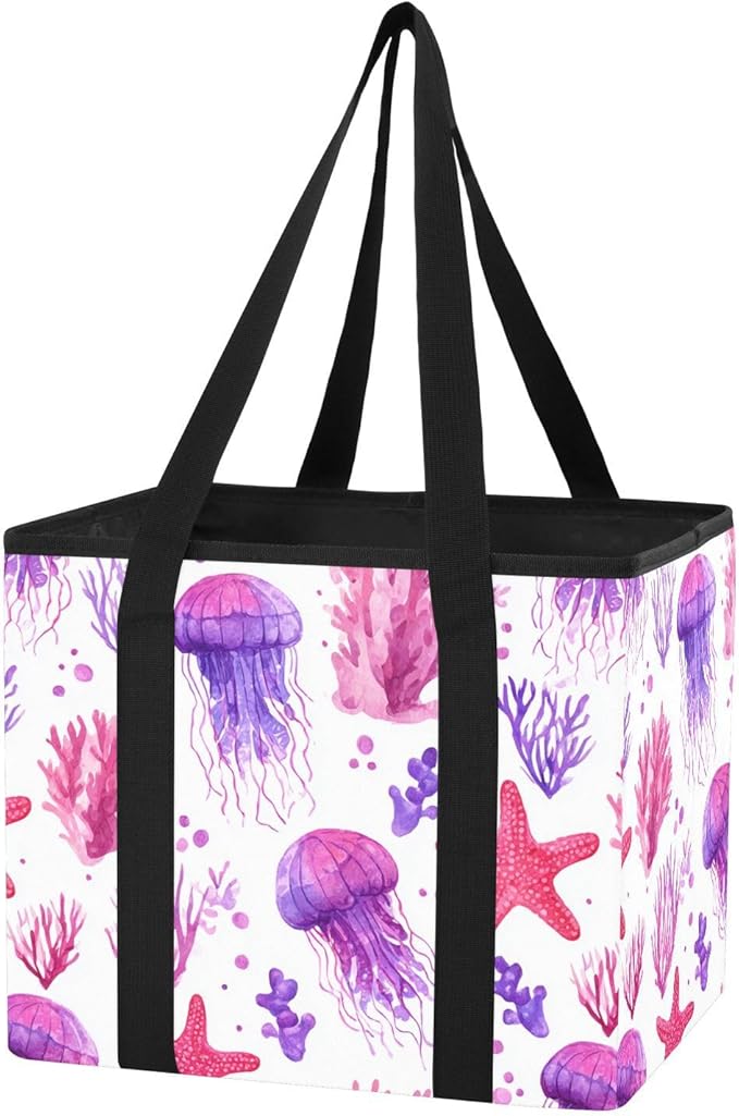Corals Jellyfish Reusable Grocery Bags Large Waterproof Grocery Tote Bag Heavy Duty Foldable Tote Bags with Long Handles & Ha