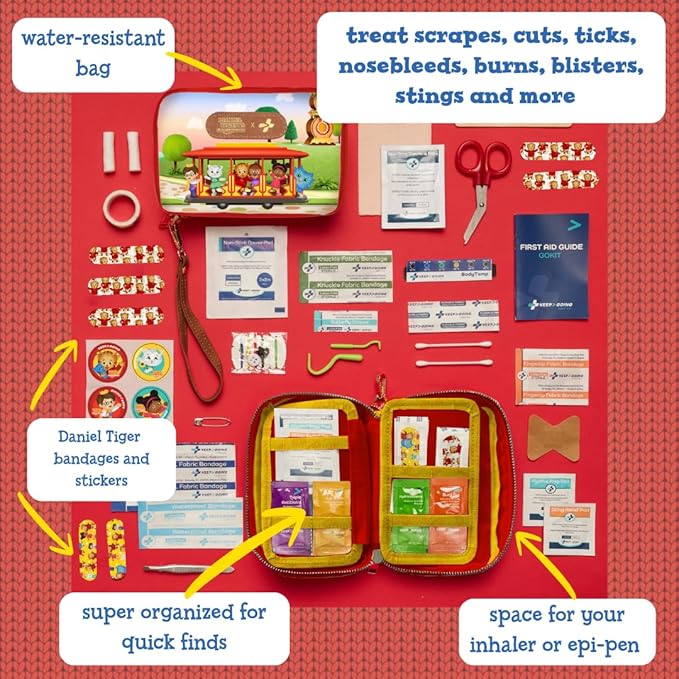 KeepGoing Daniel Tiger’s Travel First Aid Kit for Kids – 130 Pc. for Car, Home, Purse, Diaper Bag & Backpack with Latex-Free 