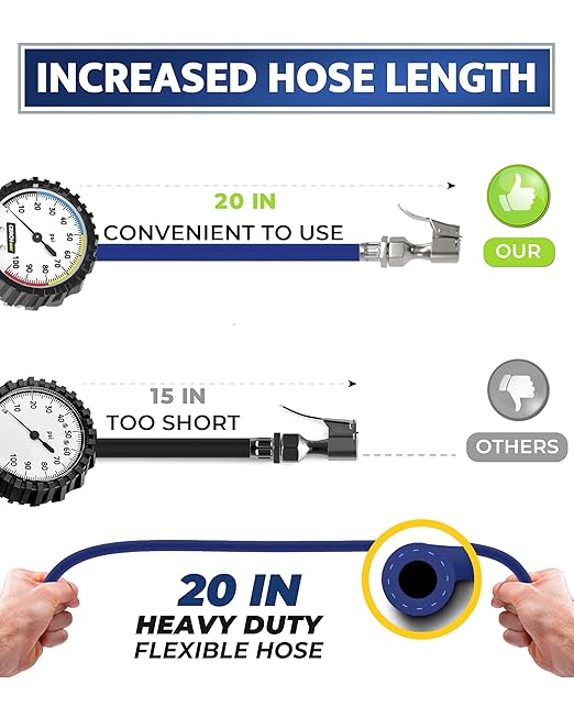 Tire Inflator with Pressure Gauge and Longer Hose - Most Accurate, Heavy Duty Air Chuck with Gauge for Air Compressor Tire Inflator Attachment - 100PSI