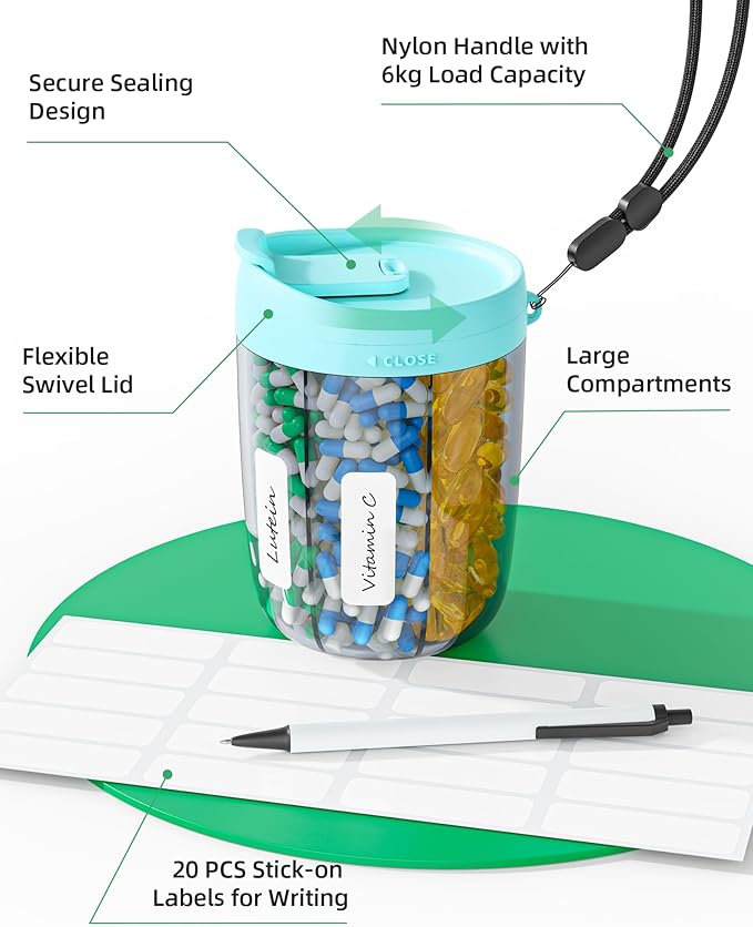 PULIV Large Supplement Organizer Bottle, Holds Plenty of 6 Various Vitamins in 1 Pill Dispenser with Anti-Mixing & Wide Openi