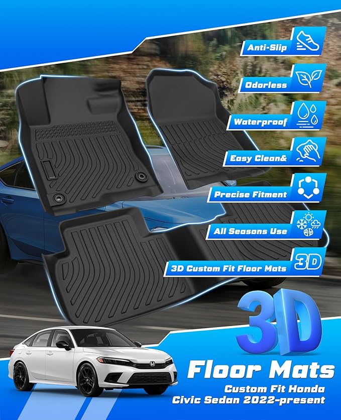 Sunsdrew Floor Mats for 2022-2026 Honda Civic Accessories (Include Sport, Not for Hybrid), for Acura Integra 2023-2025, All Weather Car Mats Front Rear 2 Rows TPE Rubber Raised Edge