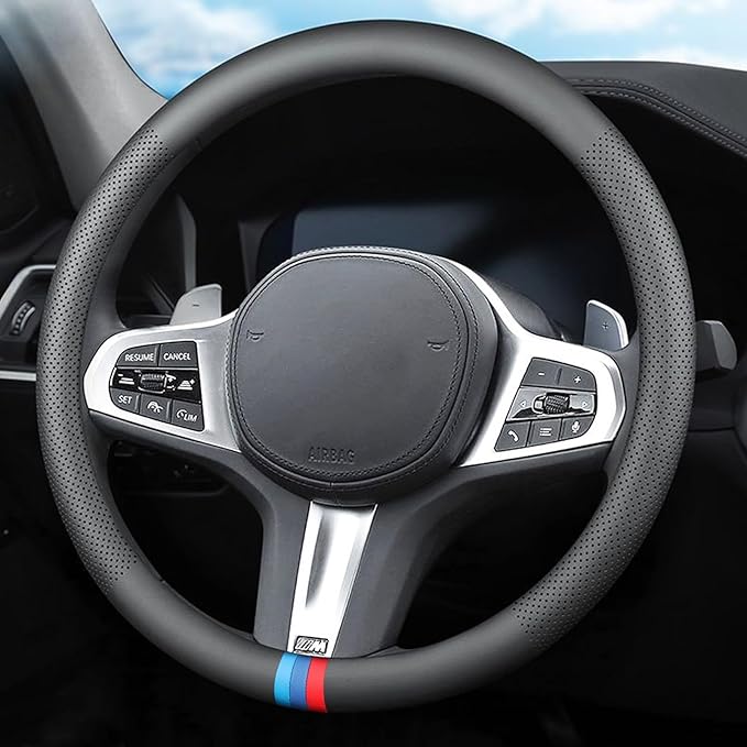 Tricolor Stripes Car Steering Wheel Cover,14.5-15 Inch Universal Nappa Leather 3D Mesh Covers Breathable Anti-Slip Odorless S