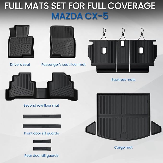 Floor Mats Set for 2017-2025 Mazda CX-5, All Weather TPE Backrest Mat Trunk Mat Cargo Liner Door Sill Guards Accessories for CX5 (Full Mats Set)