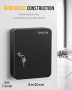 Uniclife Steel Key Cabinet Wall Mounted Organizer - 28 Keys, 2 Unlocking Keys - Black Frosted Security Box with Hooks and Col
