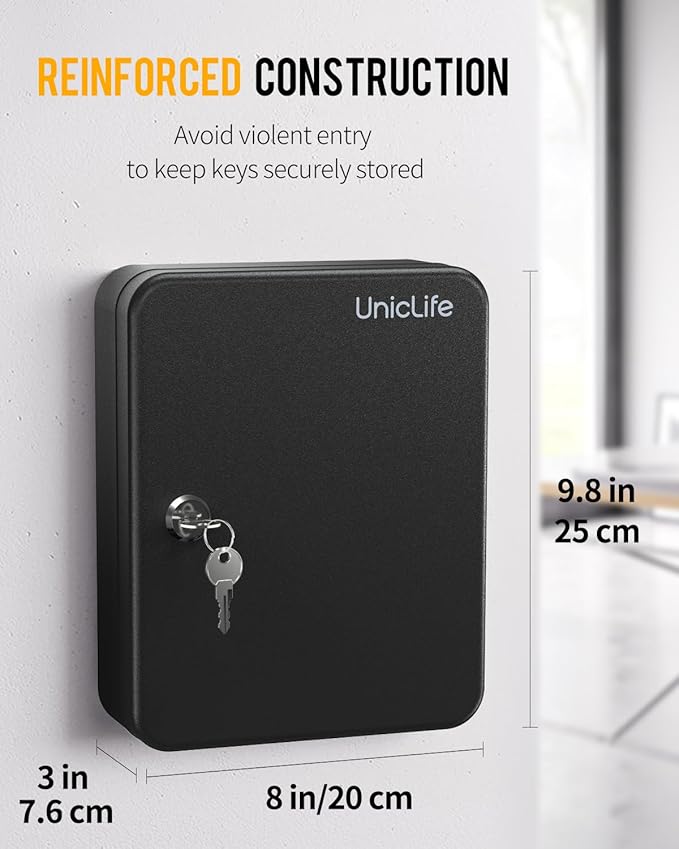 Uniclife Steel Key Cabinet Wall Mounted Organizer - 28 Keys, 2 Unlocking Keys - Black Frosted Security Box with Hooks and Col