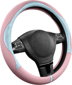 PIC AUTO Steering Wheel Cover, Light Blue Patterned & Pink Leather Patchwork Design, Universal Fit 14.5"–15.5", Anti-Slip, Od