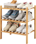 3-Tier Small Shoe Rack for Entryway, Stackable | Heavy Duty | Multi-Function, Bamboo Free Standing Shoe Racks for Bedroom Hal