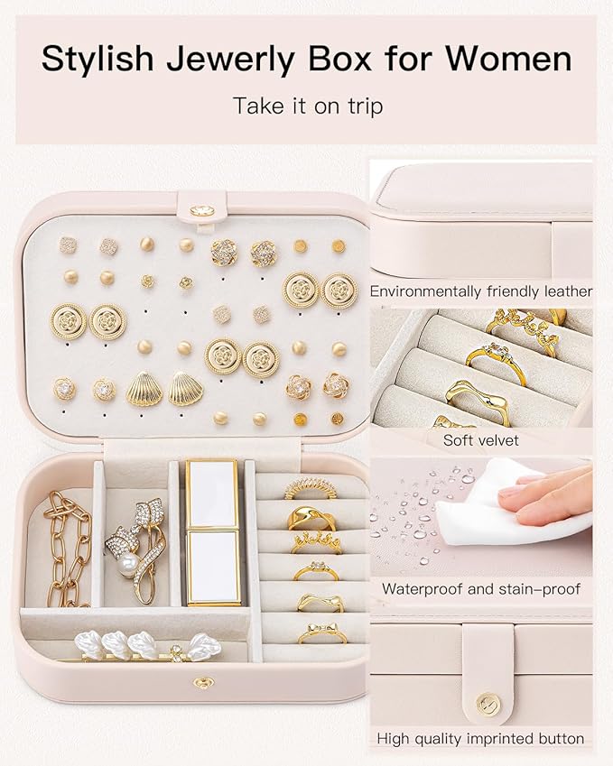 VLANDO Travel Jewelry Case, PU Leather Travel Jewelry Box with Earring Holder, Portable Display Small Jewelry Box for Mothers