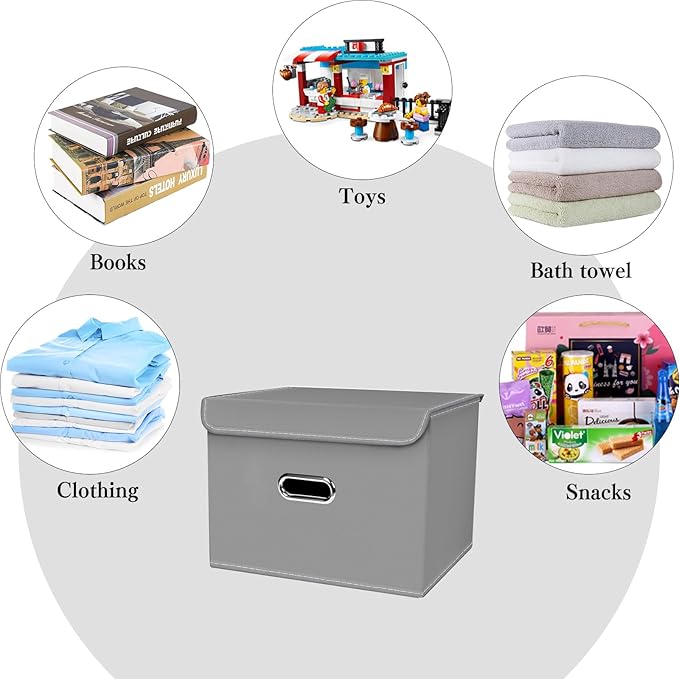 Linen Fabric Foldable Collapsible Storage Cube Bin Organizer Basket with Lid, Leather Handles, Removable Divider for Home, Cl