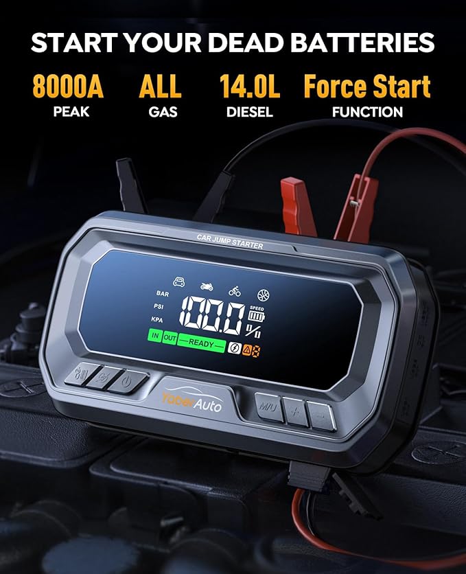 YaberAuto 12-in-1 Jump Starter with Air Compressor 8000A 160PSI 65W Charging, Portable Car Battery Jump Starter (All Gas/14L