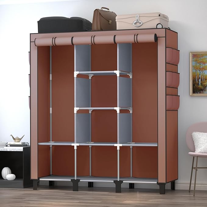Portable Wardrobe with 10 Storage Racks and 2 Hanging Poles 6 Side Pockets Fleece Cover, Size 130 x 45 x 172 cm, Bedroom Clos