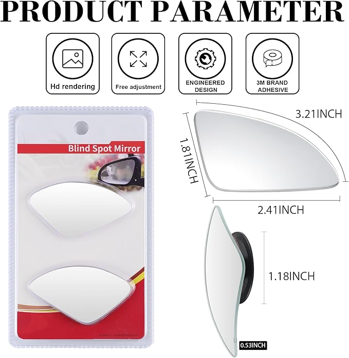 LivTee Blind Spot Car Mirror，Asymmetric Fan Shaped HD Glass Frameless Convex Rear View Mirror with wide angle Adjustable Stick for Cars SUV and Trucks, Pack of 2
