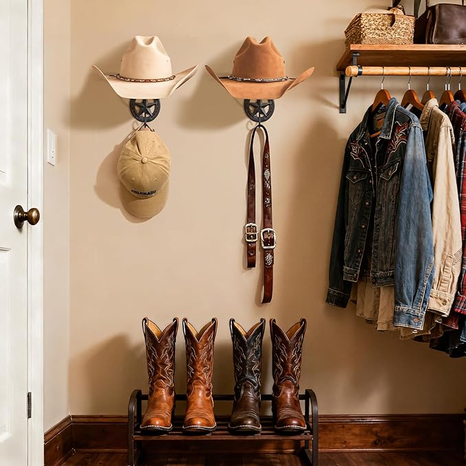 Cowboy Hat Holder for Wall 2 Pack Metal Iron Cowboy Hat Rack Western Hat Hanger Horseshoe Hooks Storage Cowboy Hat Organizer 