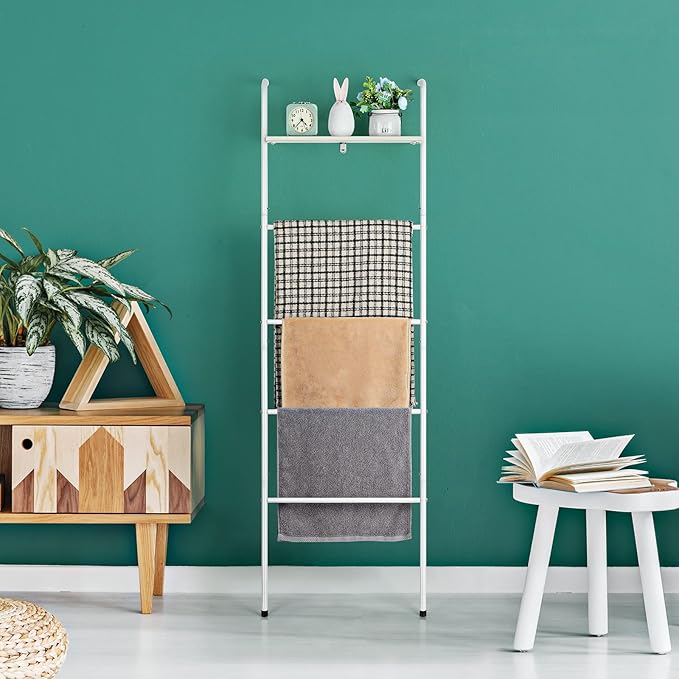 Blanket Ladder Farmhouse Towel Rack Holder for Bathroom, Wall Leaning Decorative Quilt Rack with Shelf, Rustic Blanket Storag