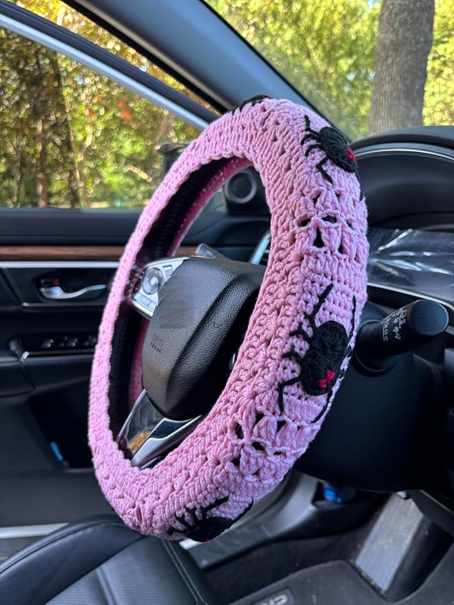 Crochet Spider Steering Wheel Cover Universal 14-15 inch (B,Steering Wheel Cover)