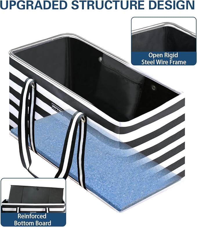 Stand Up Extra Large Utility Tote Bag, Foldable Reusable Grocery Bags with Metal Wire Frame & Reinforced Bottom Board, Large Utility Tote for Shopping, Car Trunk, Beach Bag（Black）