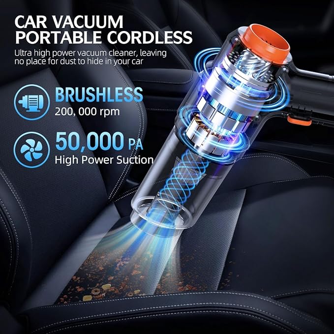 Car Vacuum Portable Cordless, 50000Pa High Power Rechargeable Dust Buster with 2 Batteries & Charger, 6-in-1 Handheld Vacuum 