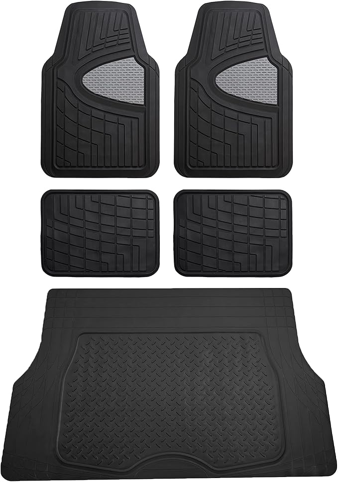 FH Group Premium Liners Tall Channel Trimmable All Weather Rubber Full Set Car Floor Mats (Gray) w. Trimmable All-Season Cargo Liner (Black) - Universal Fit for Cars Trucks and SUVs