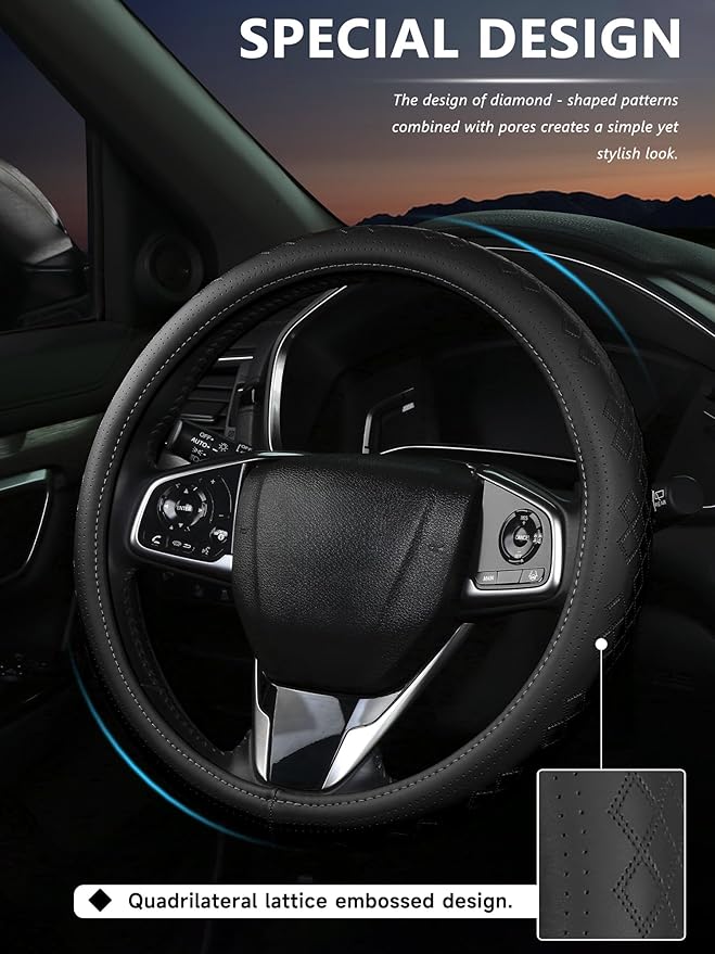 Cxtiy Genuine Leather Steering Wheel Cover, Premium Black Soft Perforated Breathable, Fits 15.5-16 Inch Wheels