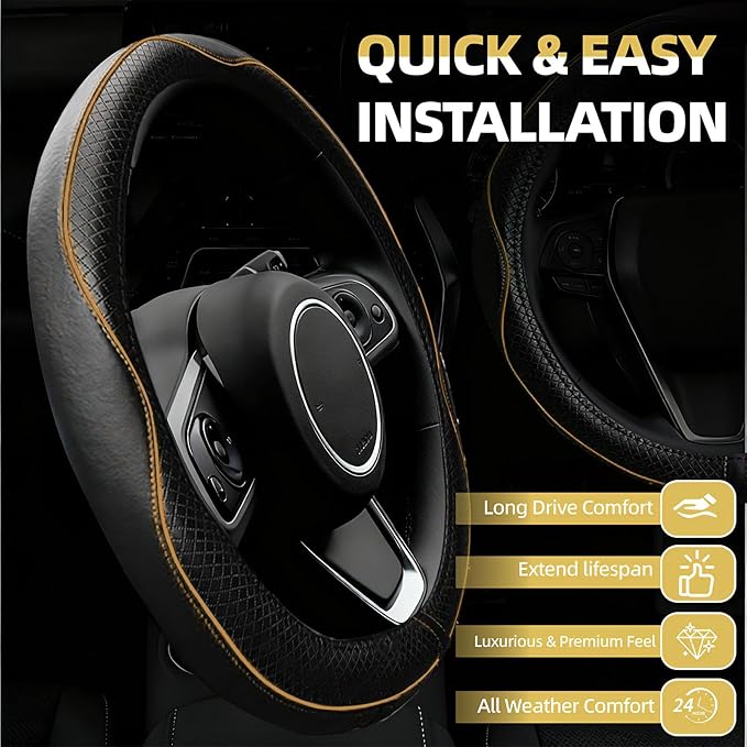 NBTEPEM 6 PCS Car Steering Wheel Cover Set, Microfiber Leather Steering Wheel Covers Universal 14.5-15 inch, Center Console Cover, Seat Belt Cushion, Cup Holder Coaster, Car Accessories Set Beige