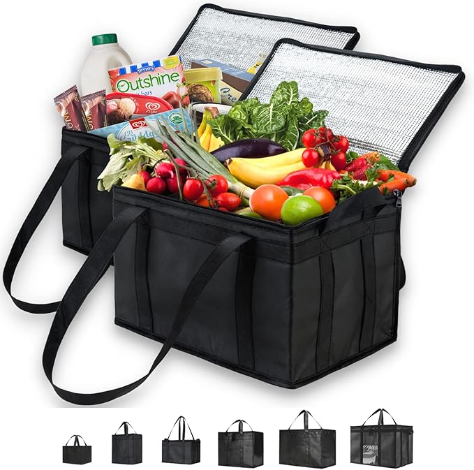 NZ home Insulated Bags for Food Delivery (Large) Grocery Shopping Cooler Bag, Pizza Delivery, Hot & Cold Catering Tote, Reusable, Foldable & Heavy Duty (2 Pack, Black)