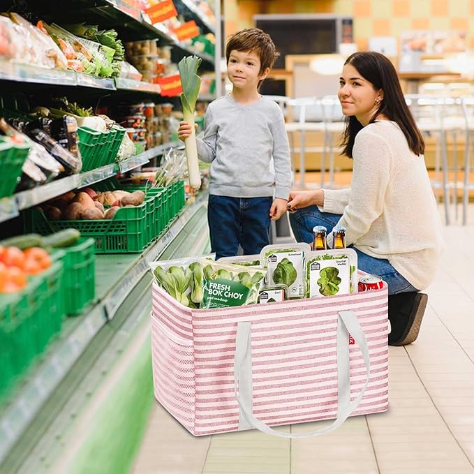 LHZK Standing Utility Tote Bag with Metal Wire Frame and the Sides Rinforced, Large Tote Bag with Handle, Reusable Grocery