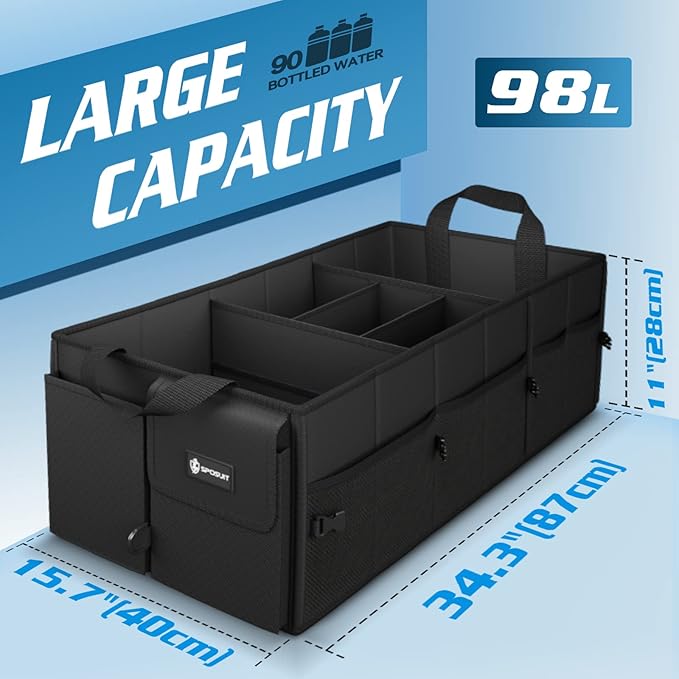 Sposuit Trunk Organizer with Insulated Leakproof Cooler Bag, 98L Collapsible Car Storage Large Trunk Organizer for Car SUV