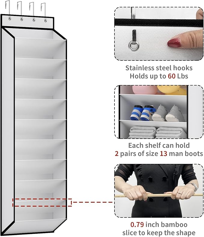 KEEPJOY 10 Tiers White Over Door Shoe Organizer Storage, Hanging Shoe Holder for Door with Large Deep Pockets, Fit 20-30 Pair