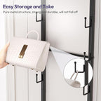 SWTYMIKI Over The Door Purse Organizer - Wall Mounted Handbag Organizer with 16 Hooks and Metal Basket, Hanging Purse Storage
