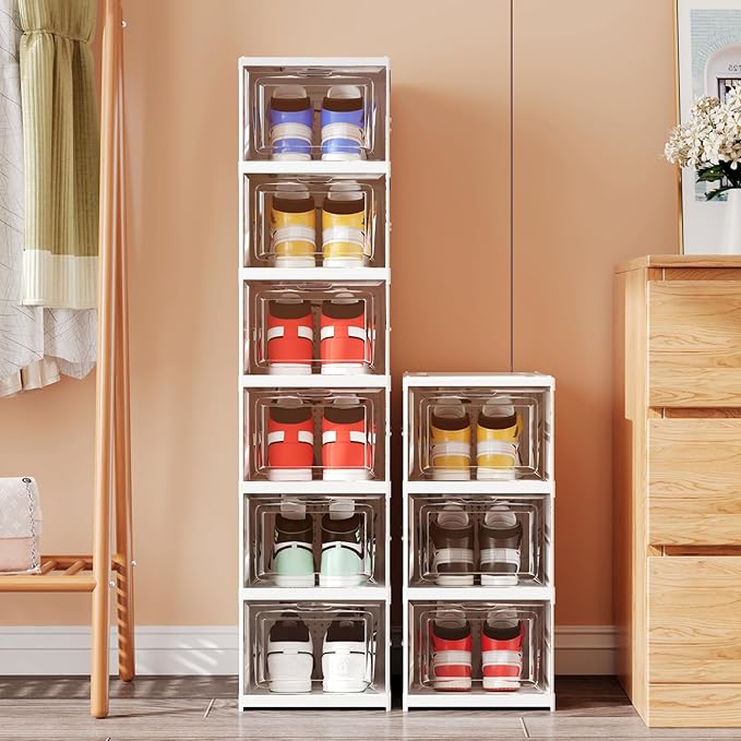 Shoe Storage Organizer Box 6-Tier Foldable Collapsible Stackable Shoe Rack Bins, Fit Size 12, No Assembly, for Men and Women