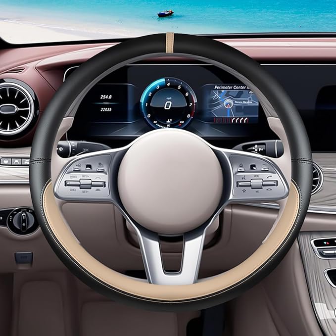Black Beige Car Steering Wheel Cover, Nappa Leather, Bottom Color Blocking, Universal 14.5-15 Inch Leather Anti-Slip Breathab
