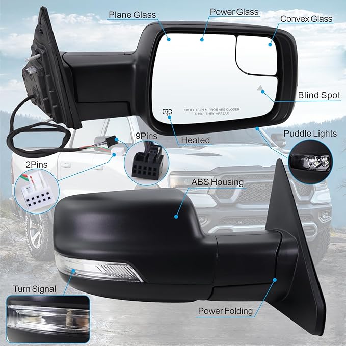 Right Passenger Side Mirror Fits 2019-2026 Ram 1500 With Power Folding Power Glass Heated Turn Signal Puddle Light Blind Spot Matte Black Replace#68276502AH(9+2Pins)