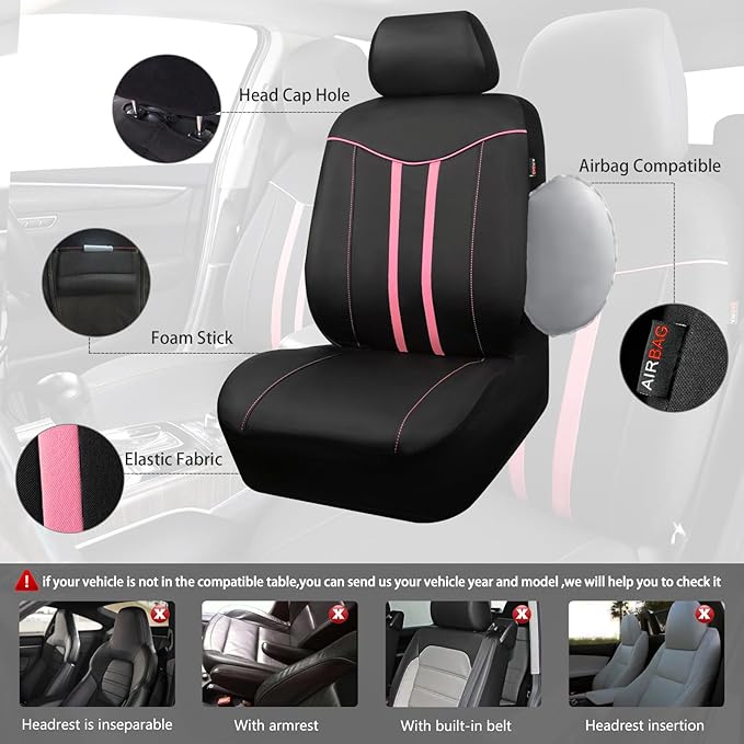 CAR PASS Car Seat Covers Full Set for Women Girls with Waterproof Car Floor Mats,Anti-Slip Leather Steering Wheel Cover,Unive